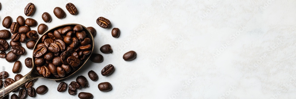 A metal spoon filled with dark brown roasted coffee beans sits on a white background, surrounded by scattered beans. The image symbolizes energy, warmth, aroma, and the perfect cup of coffee. A metal spoon filled with dark brown roasted coffee beans sits on a white background, surrounded by scattered beans. The image symbolizes energy, warmth, aroma, and the perfect cup of coffee.