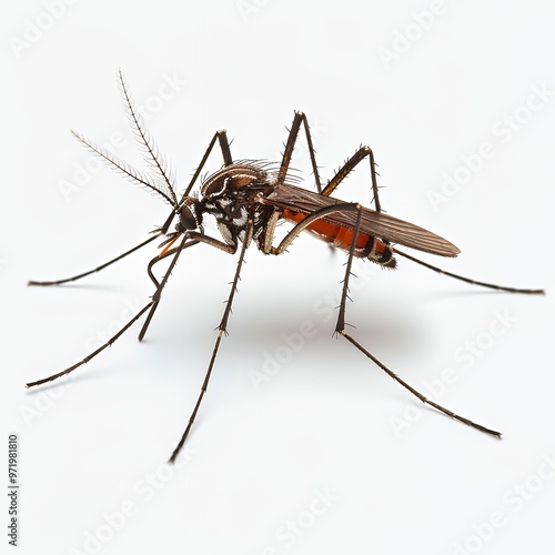 A close-up of a mosquito on a white background, showcasing its hairy body and legs, and detailed features.