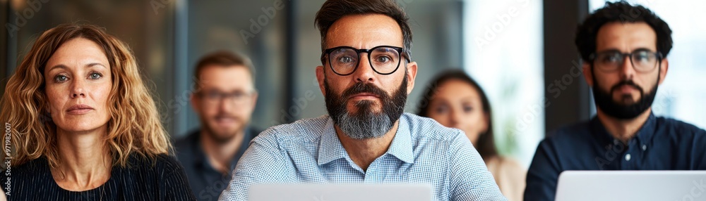 A diverse group of professionals engaged in a serious discussion at a modern workplace, showcasing collaboration and focus. A diverse group of professionals engaged in a serious discussion at a modern workplace, showcasing collaboration and focus.