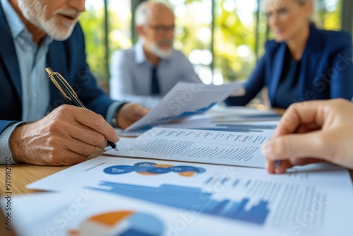 Advisors passing around printed case studies on successful ESG funds and discussing strategies, ESG funds, investment planning