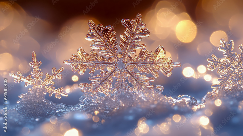 Beautiful macro photo of snowflakes lying on snow with warm bokeh lights in the background Beautiful macro photo of snowflakes lying on snow with warm bokeh lights in the background