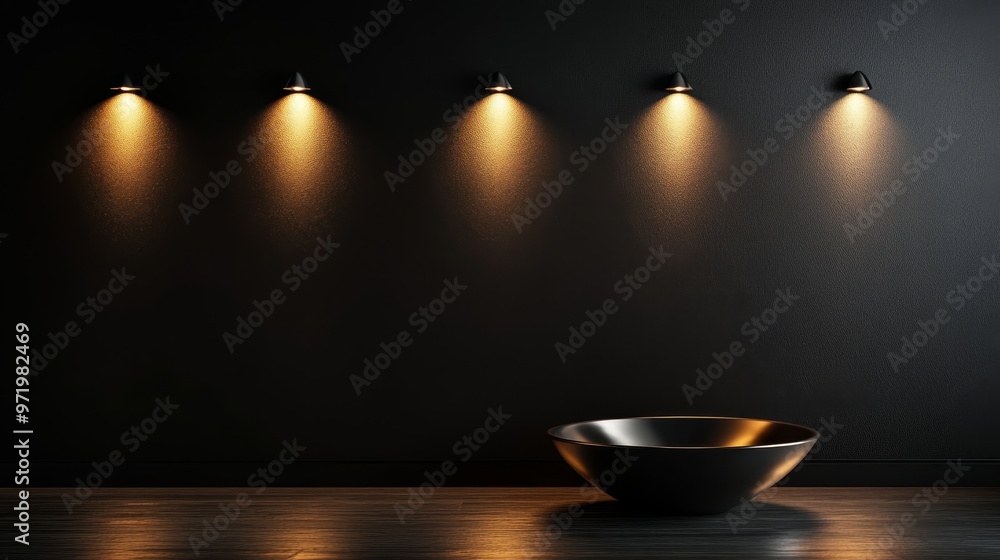 A minimalist scene featuring a sleek black bowl positioned in the center of a dark room. Five warm light fixtures illuminate the bowl, highlighting its smooth, reflective surface. The image evokes a s A minimalist scene featuring a sleek black bowl positioned in the center of a dark room. Five warm light fixtures illuminate the bowl, highlighting its smooth, reflective surface. The image evokes a s