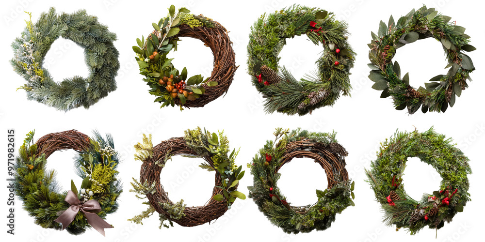 Decorative wreath made from pine branches and festive elements isolated on transparent background Decorative wreath made from pine branches and festive elements isolated on transparent background