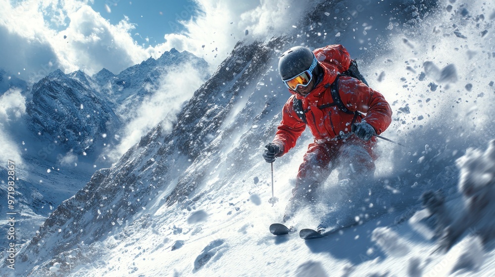 Skier navigating snowy mountains with dynamic movement and energy. Skier navigating snowy mountains with dynamic movement and energy.