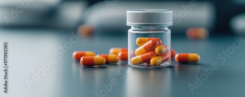 A clear bottle filled with colorful capsules placed on a smooth surface, illustrating medicine and health concepts. photo