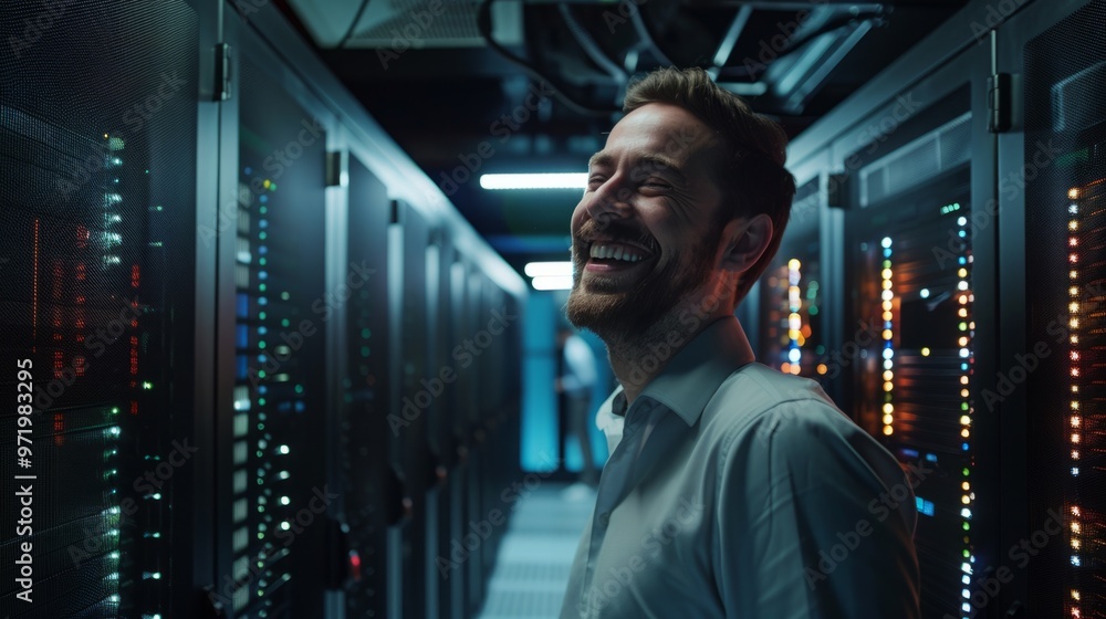 Fototapeta premium Man working in server room, updating system and installing program developer generative ai