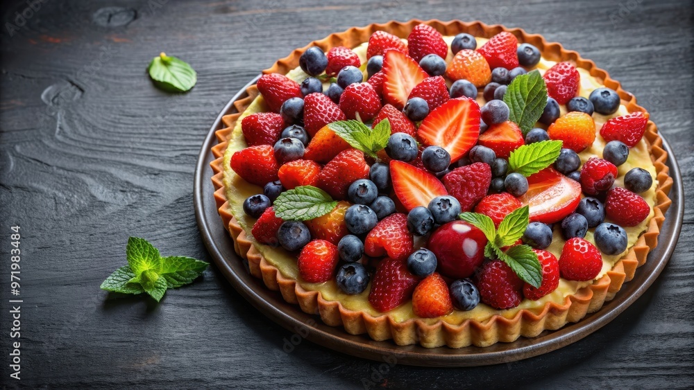 Delicious fruit tart topped with assorted berries on a cake pan , summer, fruit, tart, blackberries, strawberries Delicious fruit tart topped with assorted berries on a cake pan , summer, fruit, tart, blackberries, strawberries