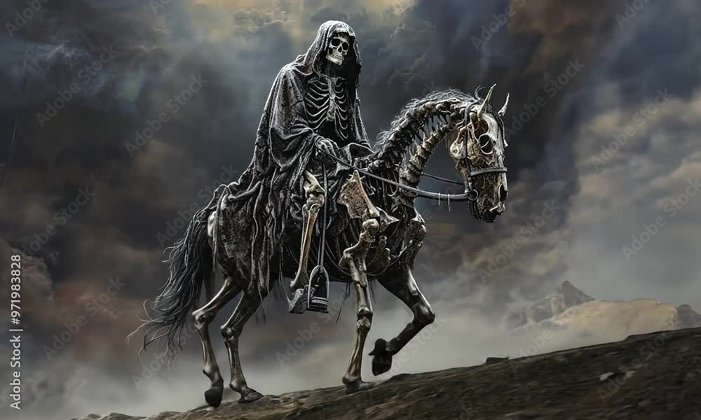 A skeleton riding a horse in a dark, stormy sky A skeleton riding a horse in a dark, stormy sky