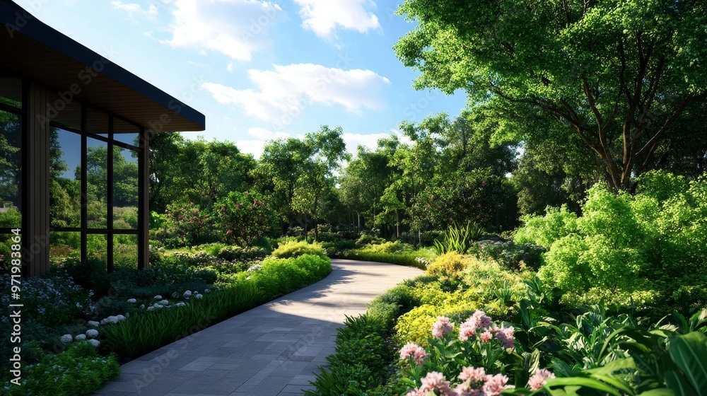 Fototapeta premium A picturesque walkway winds through lush greenery, connecting a modern building to a vibrant outdoor space. The scene embodies the harmonious blend of architecture and nature, highlighting a sense of 