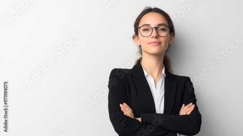 A portrait of a confident businesswoman in a black blazer, standing with her arms crossed and looking directly at the camera, projecting professionalism and success. The image symbolizes leadership, d