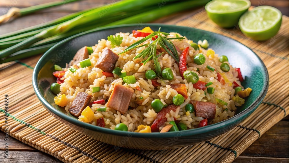 Homemade Thai fried rice with sun-dried meat, cooked with oil on medium heat for a deliciously savory dish, Thai Homemade Thai fried rice with sun-dried meat, cooked with oil on medium heat for a deliciously savory dish, Thai
