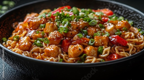 Close-up of a bowl of noodles topped with tofu, peppers, and sesame seeds.