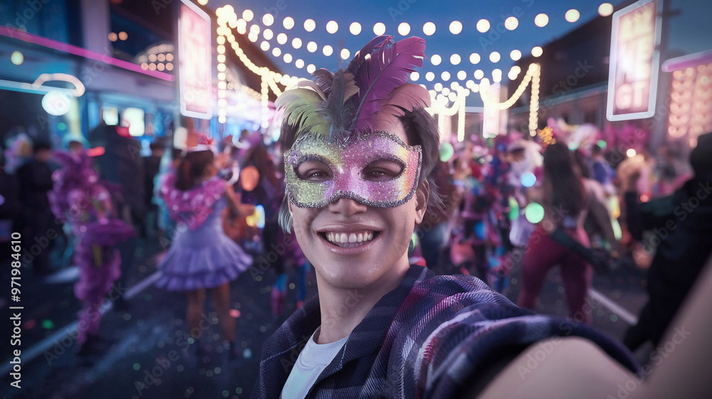 A happy person in a sparkling, feathered mask takes a selfie at a colorful carnival street party, surrounded by lights and costumes A happy person in a sparkling, feathered mask takes a selfie at a colorful carnival street party, surrounded by lights and costumes