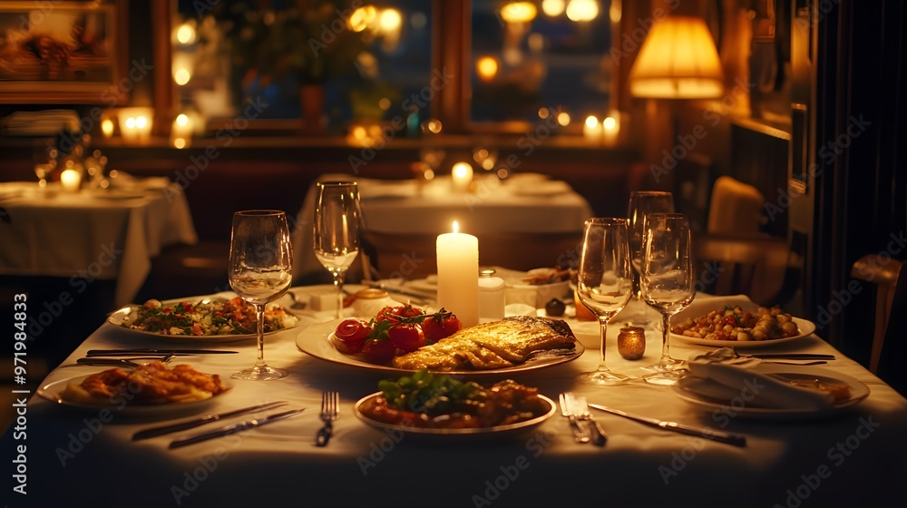 A warmly lit long shot of an intimate dinner table set in a cozy restaurant A warmly lit long shot of an intimate dinner table set in a cozy restaurant