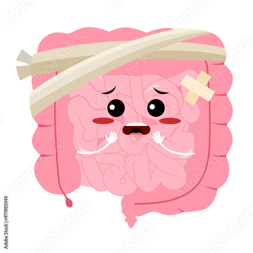 Sick intestines organ cartoon character with medical patch. Unhealthy sad intestine. Stomach gut and digestive system health or gastroenterology disease, intestine indigestion or diarrhea.