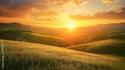 Bright sunrise over rolling hills, representing hope and new opportunities