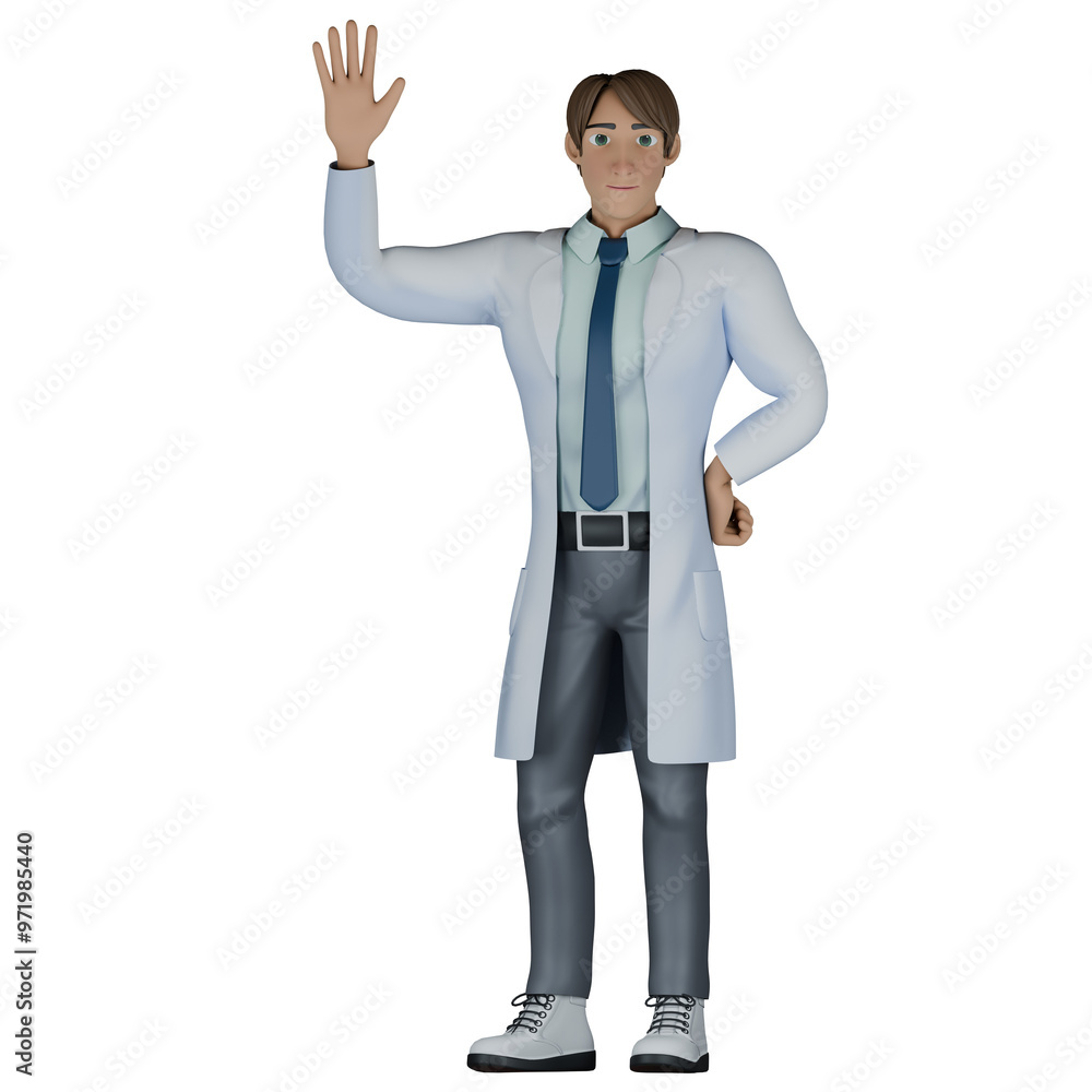 Male Doctor with Stethoscope. A male doctor stands with his left hand on his waist while his right hand is raised upwards, as if greeting someone. 3D Illustration Male Doctor with Stethoscope. A male doctor stands with his left hand on his waist while his right hand is raised upwards, as if greeting someone. 3D Illustration