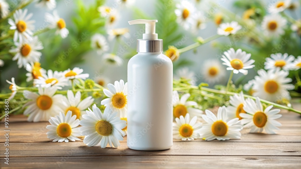 Body lotion in cosmetic bottle mockup with chamomile extract for beauty product branding, skincare, beauty, lotion Body lotion in cosmetic bottle mockup with chamomile extract for beauty product branding, skincare, beauty, lotion