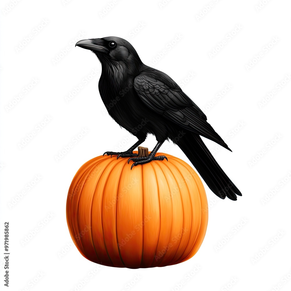 Fototapeta premium A black raven perched atop a bright orange pumpkin, symbolizing autumn and Halloween themes in a striking graphic design.