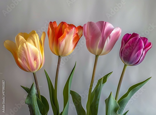 A group of colorful tulips flower leaf #971985887