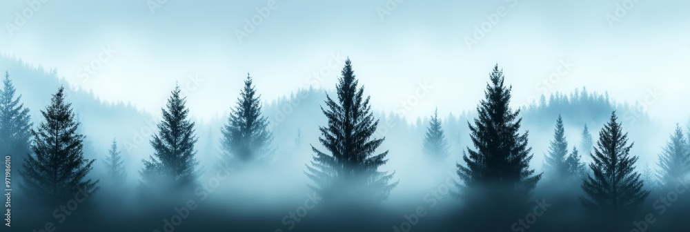 A serene landscape of a misty mountain forest, with tall, dark pine trees silhouetted against a pale blue sky. The fog creates an ethereal atmosphere, symbolizing tranquility, mystery, and the power o A serene landscape of a misty mountain forest, with tall, dark pine trees silhouetted against a pale blue sky. The fog creates an ethereal atmosphere, symbolizing tranquility, mystery, and the power o