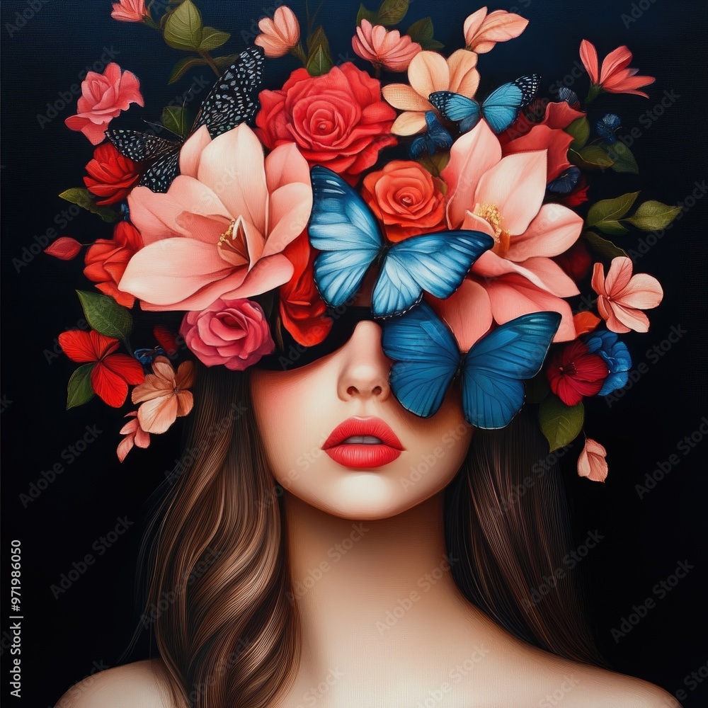 Naklejka premium A captivating portrait of a woman adorned with a vibrant floral headdress and butterflies, symbolizing beauty and nature.
