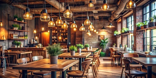 Cozy cafe interior with rustic wooden furniture and hanging lights , cafe, coffee, interior, cozy, rustic, wooden