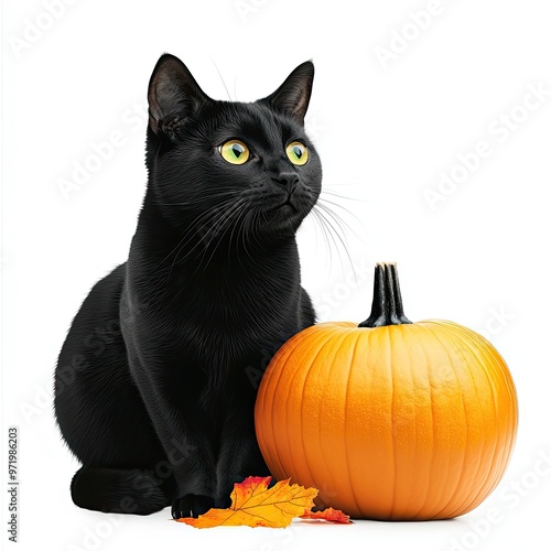 A charming black cat sits beside a bright orange pumpkin, capturing the essence of autumn and Halloween spirit.