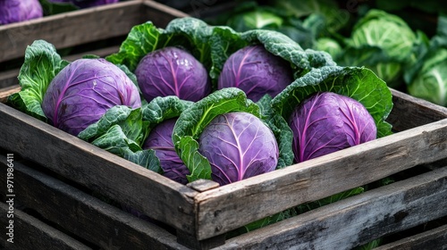 A crate of fresh cabbages (Brassica oleracea), with bright purple leaves florets ready for market sale photo