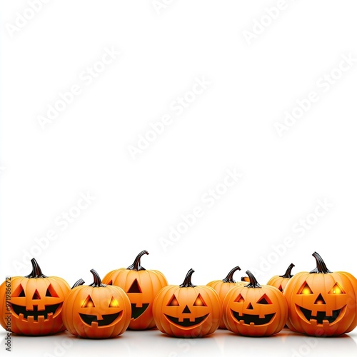 A collection of carved pumpkins with various smiling and spooky expressions, perfect for Halloween decorations and festivities.