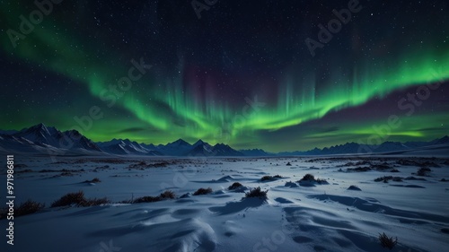 A realistic illustration of the natural phenomenon of the aurora in the night sky around the North Pole and South Pole photo