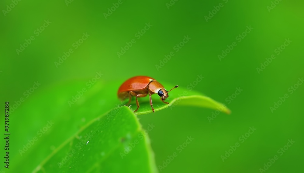 Fototapeta premium A tiny red beetle on a green leaf