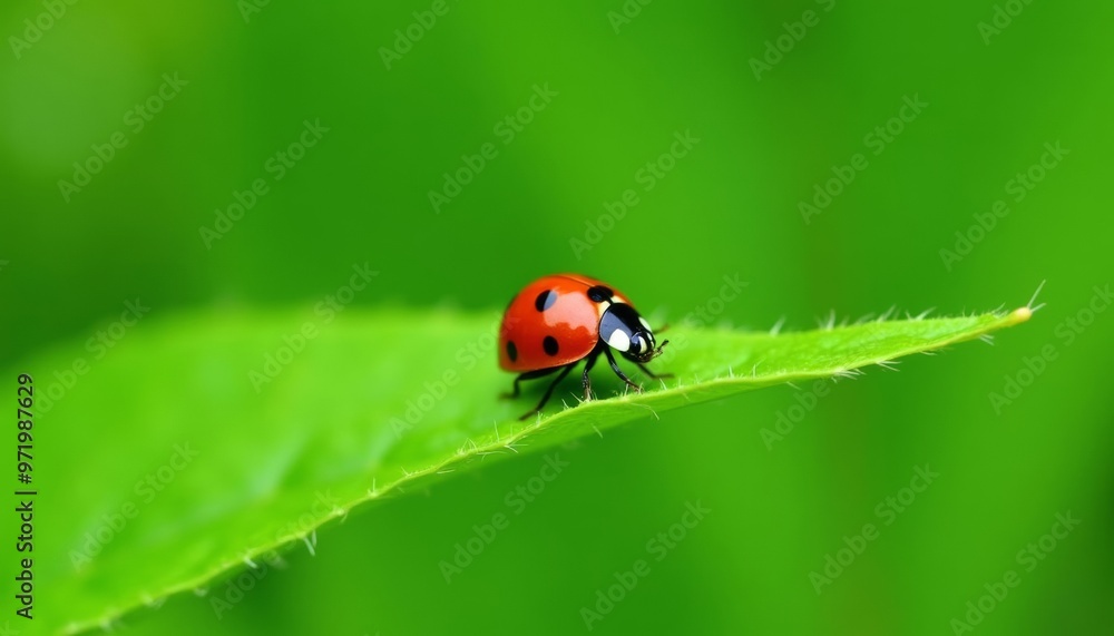 A tiny red ladybug on a green leaf A tiny red ladybug on a green leaf