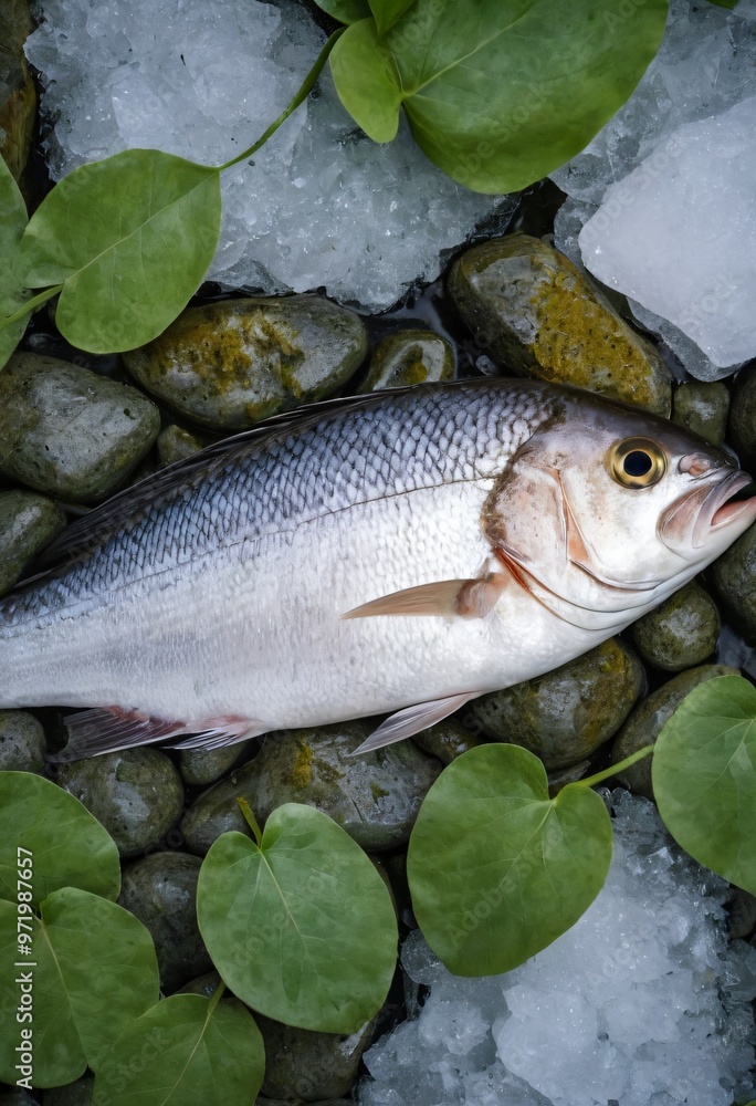 Fototapeta premium Top view of fresh uncooked fish with ice and green leaves on rocky surface. Ai generated image