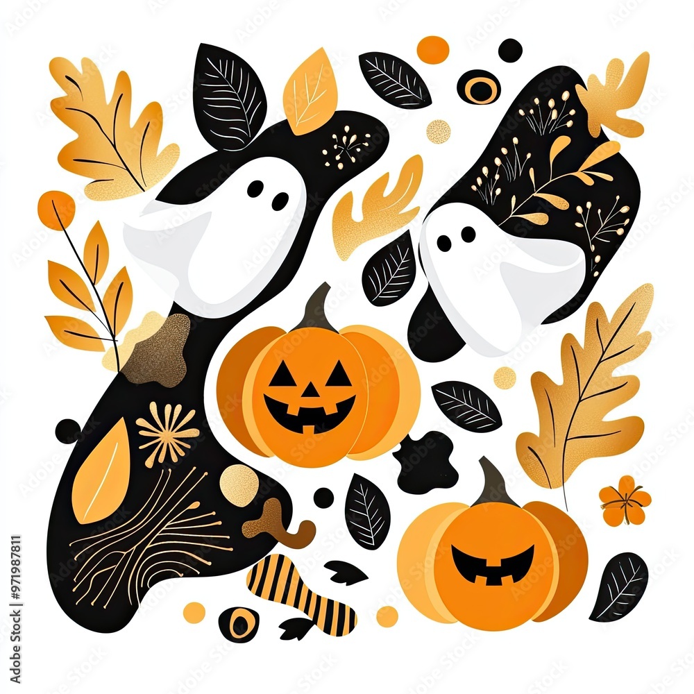 Fototapeta premium A festive Halloween design featuring cute ghosts, pumpkins, and autumn leaves in vibrant black, orange, and yellow colors.