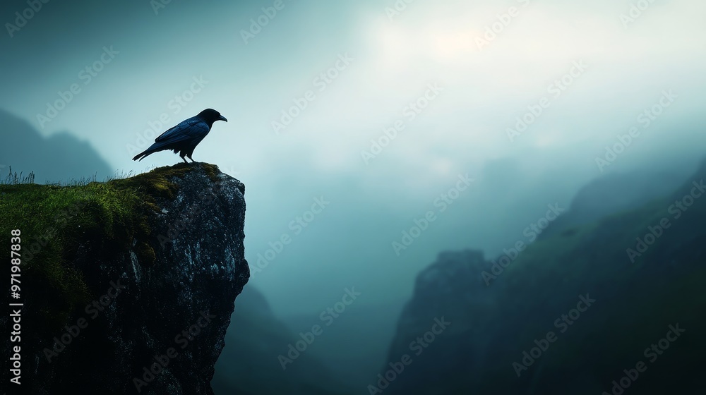 A single raven stands on a cliff edge overlooking a misty valley. The image evokes feelings of solitude, mystery, and the vastness of nature. The raven symbolizes wisdom, intelligence, and the unknown A single raven stands on a cliff edge overlooking a misty valley. The image evokes feelings of solitude, mystery, and the vastness of nature. The raven symbolizes wisdom, intelligence, and the unknown