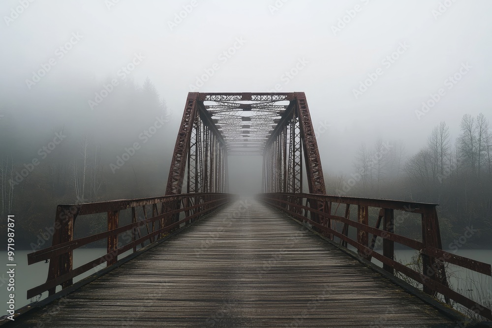 Obraz premium Wooden Bridge Leading Through Dense Foggy Forest