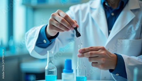  Experimenting with precision A scientist carefully dispenses a small amount of blue liquid into a test tube