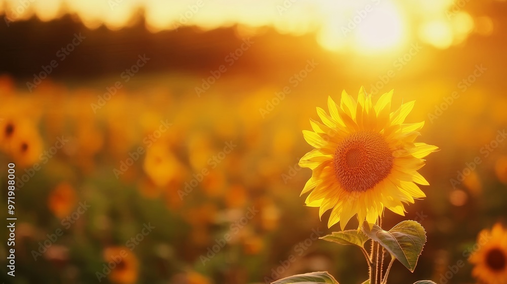 A single sunflower stands tall in a field of sunflowers bathed in the warm glow of the setting sun. The sunflower symbolizes hope, joy, positivity, and the beauty of nature. A single sunflower stands tall in a field of sunflowers bathed in the warm glow of the setting sun. The sunflower symbolizes hope, joy, positivity, and the beauty of nature.