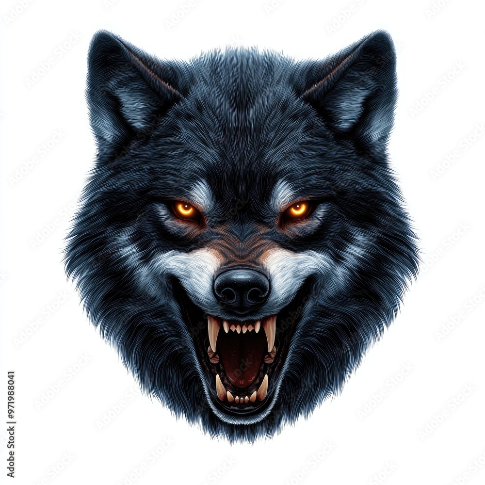 A fierce black wolf head with striking yellow eyes, showcasing its powerful features and predatory nature. A fierce black wolf head with striking yellow eyes, showcasing its powerful features and predatory nature.