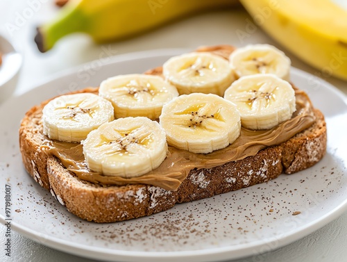 Almond butter spread on whole grain bread, topped with banana slices, brain-boosting snack, healthy and satisfying photo