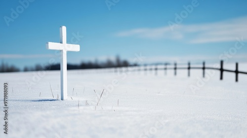 A single white cross stands tall in a snowy field, symbolizing faith, hope, and remembrance. The serene winter landscape evokes a sense of peace and tranquility, while the cross represents spiritual g photo