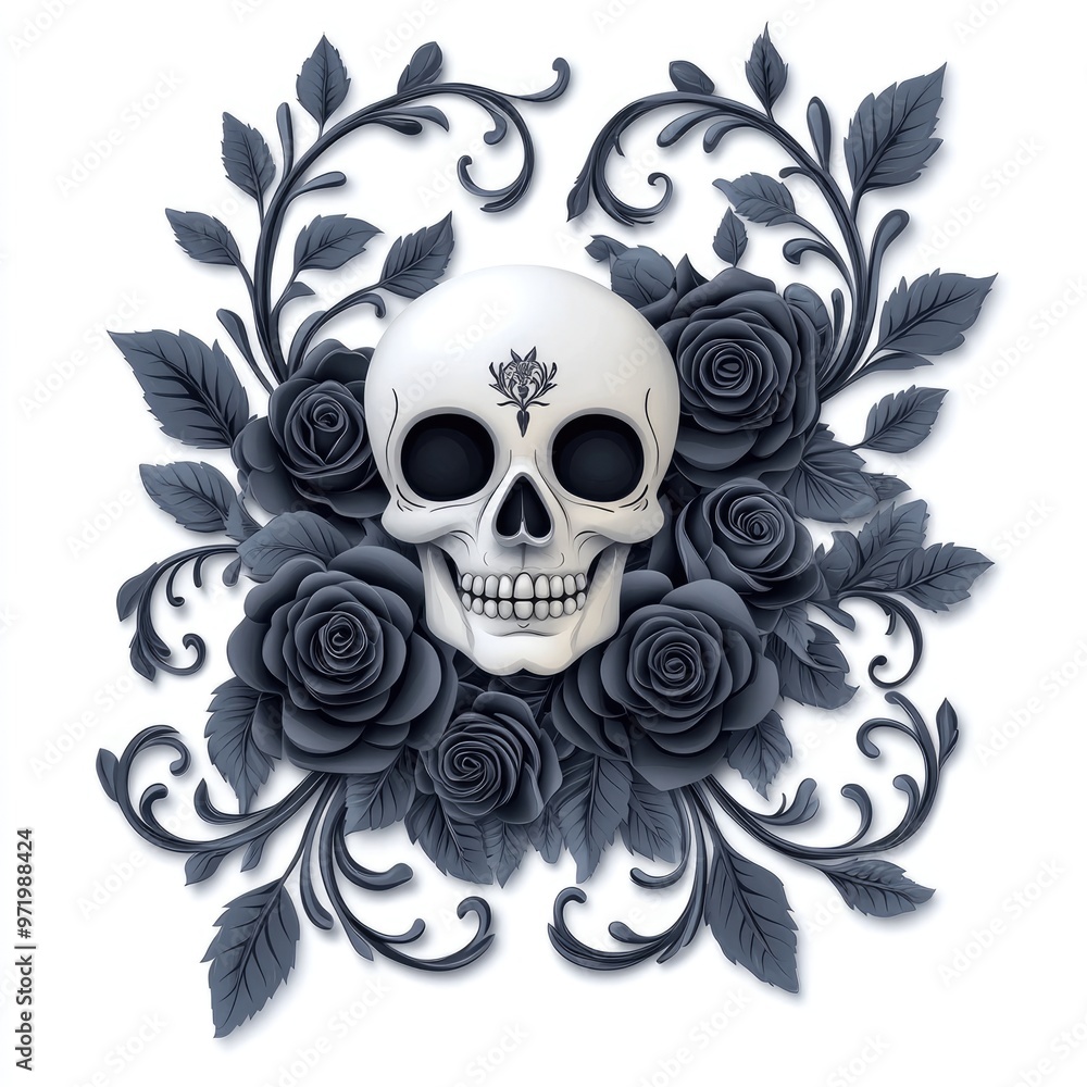 A gothic design featuring a skull surrounded by dark roses and intricate floral elements, perfect for themed artwork. A gothic design featuring a skull surrounded by dark roses and intricate floral elements, perfect for themed artwork.