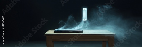 A smartphone on a wooden table disappears in a cloud of smoke, symbolizing the act of ghosting, digital absence, lost connection, and fading memories. photo