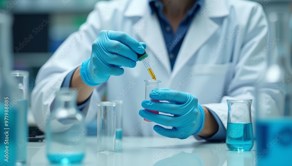 Precision in Science A scientist carefully pipettes a sample into a test tube Precision in Science A scientist carefully pipettes a sample into a test tube