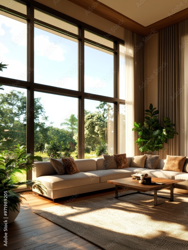 Fototapeta premium A spacious and modern living room with large windows offering stunning views of nature. The room is filled with natural light, creating a warm and inviting atmosphere. The large sectional sofa is per