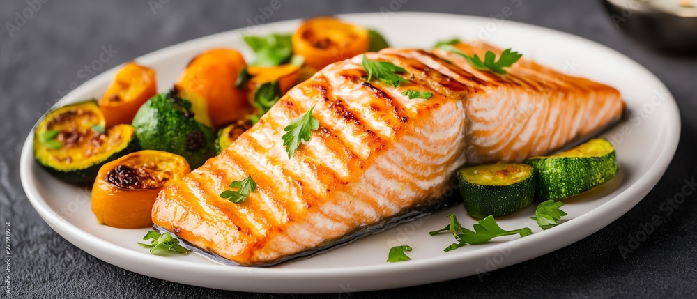 Grilled salmon served with a side of roasted vegetables, brain-boosting dinner, healthy and satisfying Grilled salmon served with a side of roasted vegetables, brain-boosting dinner, healthy and satisfying