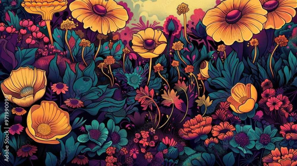 Generate an illustration of an abstract landscape filled with psychedelic patterns and floral elements Generate an illustration of an abstract landscape filled with psychedelic patterns and floral elements