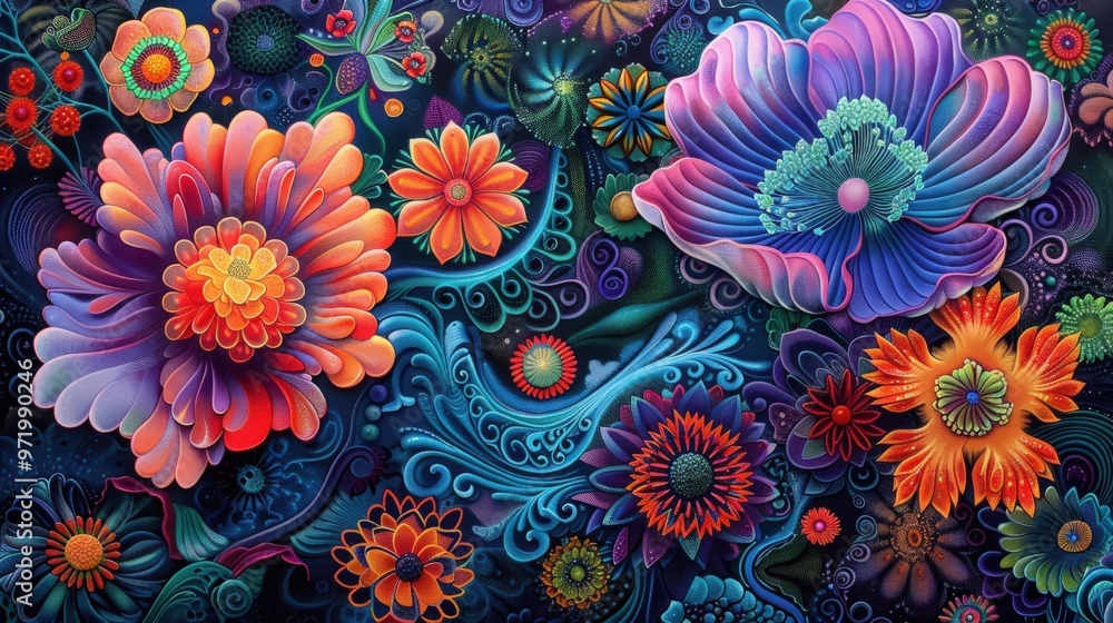 Create a mesmerizing poster with intertwining flowers and vibrant, psychedelic patterns Create a mesmerizing poster with intertwining flowers and vibrant, psychedelic patterns