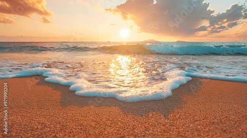 Foamy Ocean Wave Crashing on Sandy Beach at Sunset